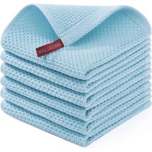 Homaxy 100% Cotton Waffle Weave Kitchen Dish Cloths, Ultra Soft Absorbent Quick Drying Dish Towels, 12 x 12 Inches, 6-Pack, Red(Sky Blue)