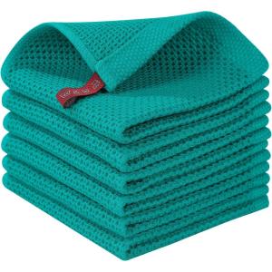 Homaxy 100% Cotton Waffle Weave Kitchen Dish Cloths, Ultra Soft Absorbent Quick Drying Dish Towels, 12 x 12 Inches, 6-Pack, Red(Teal)