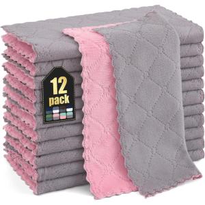Homaxy 12 Pack Kitchen Dish Cloths (10 x 10 Inches, Navy Blue), Super Soft and Absorbent Coral Velvet Dish Towels, Nonstick Oil Fast Drying Microfiber Cleaning Cloth, No Lint Household Dishcloths(Grey & Pink)