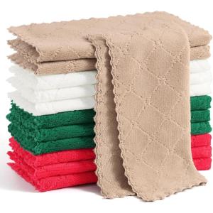 Homaxy 12 Pack Kitchen Dish Cloths (10 x 10 Inches, Navy Blue), Super Soft and Absorbent Coral Velvet Dish Towels, Nonstick Oil Fast Drying Microfiber Cleaning Cloth, No Lint Household Dishcloths(Dark Green/Tan/Red/White)