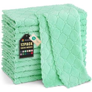 Homaxy 12 Pack Kitchen Dish Cloths (10 x 10 Inches, Navy Blue), Super Soft and Absorbent Coral Velvet Dish Towels, Nonstick Oil Fast Drying Microfiber Cleaning Cloth, No Lint Household Dishcloths(Green)
