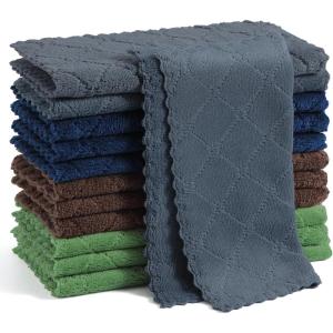 Homaxy 12 Pack Kitchen Dish Cloths (10 x 10 Inches, Navy Blue), Super Soft and Absorbent Coral Velvet Dish Towels, Nonstick Oil Fast Drying Microfiber Cleaning Cloth, No Lint Household Dishcloths(Navy Blue/Dark Grey/Brown/Grass Green)