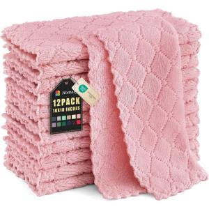 Homaxy 12 Pack Kitchen Dish Cloths (10 x 10 Inches, Navy Blue), Super Soft and Absorbent Coral Velvet Dish Towels, Nonstick Oil Fast Drying Microfiber Cleaning Cloth, No Lint Household Dishcloths(Pink)