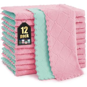Homaxy 12 Pack Kitchen Dish Cloths (10 x 10 Inches, Navy Blue), Super Soft and Absorbent Coral Velvet Dish Towels, Nonstick Oil Fast Drying Microfiber Cleaning Cloth, No Lint Household Dishcloths(Green & Pink)