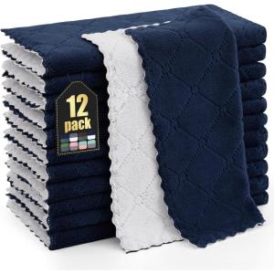 Homaxy 12 Pack Kitchen Dish Cloths (10 x 10 Inches, Navy Blue), Super Soft and Absorbent Coral Velvet Dish Towels, Nonstick Oil Fast Drying Microfiber Cleaning Cloth, No Lint Household Dishcloths(Navy Blue & White)