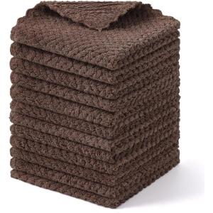 Homaxy 12 Pack Kitchen Dish Cloths, Ultra Soft and Absorbent Dish Towels, Reusable Fast Drying Microfiber Cleaning Cloth, Coral Velvet Wave Design No-lint, 10 x 10 inches, Grass Green(Brown – Small Diamond)