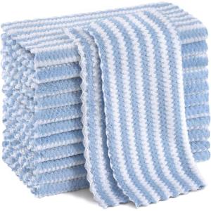 Homaxy 12 Pack Kitchen Dish Cloths, Ultra Soft and Absorbent Dish Towels, Reusable Fast Drying Microfiber Cleaning Cloth, Coral Velvet Wave Design No-lint, 10 x 10 inches, Grass Green(Blue)