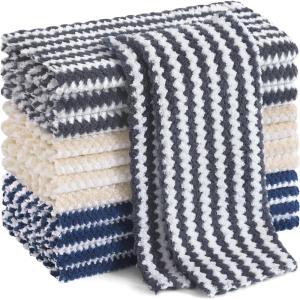 Homaxy 12 Pack Kitchen Dish Cloths, Ultra Soft and Absorbent Dish Towels, Reusable Fast Drying Microfiber Cleaning Cloth, Coral Velvet Wave Design No-lint, 10 x 10 inches, Grass Green(Dark Grey/Navy Blue/Beige)