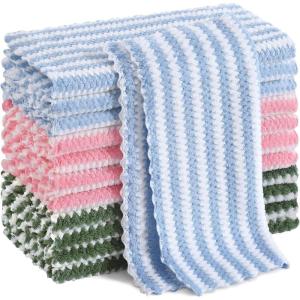 Homaxy 12 Pack Kitchen Dish Cloths, Ultra Soft and Absorbent Dish Towels, Reusable Fast Drying Microfiber Cleaning Cloth, Coral Velvet Wave Design No-lint, 10 x 10 inches, Grass Green(Blue/Grass Green/Pink)