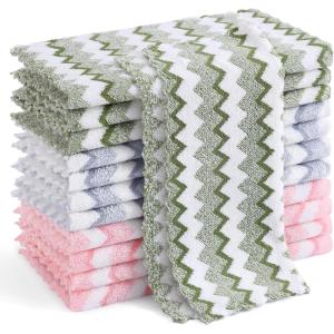 Homaxy 12 Pack Kitchen Dish Cloths, Ultra Soft and Absorbent Dish Towels, Reusable Fast Drying Microfiber Cleaning Cloth, Coral Velvet Wave Design No-lint, 10 x 10 inches, Grass Green(Blue/Green/Pink)