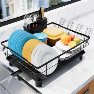 Homaxy Dish Drying Rack for Kitchen Counter (16.93”L x 12.99”W), Space-Saving Dish Drainer Rack Set with Drainboard, Large Dish Rack with Utensil Holder, Cup Rack and Knife Slots, Black