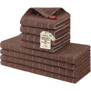 Homaxy Kitchen Towels and Dishcloths Set, 12 x 12 and 13 x 28 Inches, Set of 8 Bulk Cotton Terry Kitchen Towels Set, Checkered Designed, Soft and Super Absorbent Dish Towels, Grass Green(Brown)