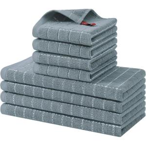 Homaxy Kitchen Towels and Dishcloths Set, 12 x 12 and 13 x 28 Inches, Set of 8 Bulk Cotton Terry Kitchen Towels Set, Checkered Designed, Soft and Super Absorbent Dish Towels, Grass Green(Grey)