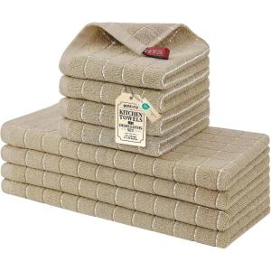 Homaxy Kitchen Towels and Dishcloths Set, 12 x 12 and 13 x 28 Inches, Set of 8 Bulk Cotton Terry Kitchen Towels Set, Checkered Designed, Soft and Super Absorbent Dish Towels, Grass Green(Tan)