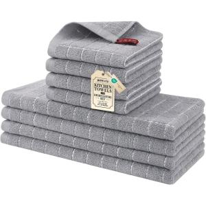 Homaxy Kitchen Towels and Dishcloths Set, 12 x 12 and 13 x 28 Inches, Set of 8 Bulk Cotton Terry Kitchen Towels Set, Checkered Designed, Soft and Super Absorbent Dish Towels, Grass Green(Light Grey)