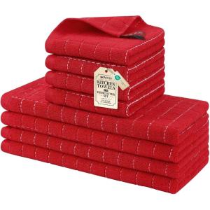 Homaxy Kitchen Towels and Dishcloths Set, 12 x 12 and 13 x 28 Inches, Set of 8 Bulk Cotton Terry Kitchen Towels Set, Checkered Designed, Soft and Super Absorbent Dish Towels, Grass Green(Red)