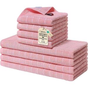 Homaxy Kitchen Towels and Dishcloths Set, 12 x 12 and 13 x 28 Inches, Set of 8 Bulk Cotton Terry Kitchen Towels Set, Checkered Designed, Soft and Super Absorbent Dish Towels, Grass Green(Pink)