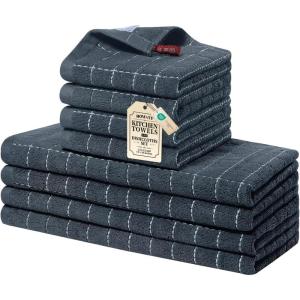 Homaxy Kitchen Towels and Dishcloths Set, 12 x 12 and 13 x 28 Inches, Set of 8 Bulk Cotton Terry Kitchen Towels Set, Checkered Designed, Soft and Super Absorbent Dish Towels, Grass Green(Dark Grey)