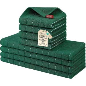 Homaxy Kitchen Towels and Dishcloths Set, 12 x 12 and 13 x 28 Inches, Set of 8 Bulk Cotton Terry Kitchen Towels Set, Checkered Designed, Soft and Super Absorbent Dish Towels, Grass Green(Dark Green)