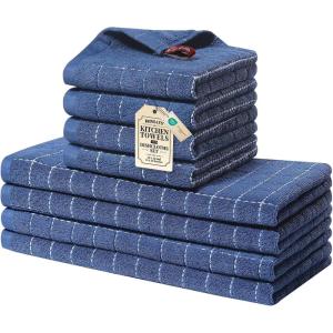 Homaxy Kitchen Towels and Dishcloths Set, 12 x 12 and 13 x 28 Inches, Set of 8 Bulk Cotton Terry Kitchen Towels Set, Checkered Designed, Soft and Super Absorbent Dish Towels, Grass Green(Navy Blue)
