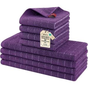Homaxy Kitchen Towels and Dishcloths Set, 12 x 12 and 13 x 28 Inches, Set of 8 Bulk Cotton Terry Kitchen Towels Set, Checkered Designed, Soft and Super Absorbent Dish Towels, Grass Green(Purple)