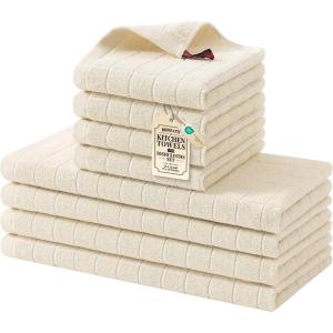 Homaxy Kitchen Towels and Dishcloths Set, 12 x 12 and 13 x 28 Inches, Set of 8 Bulk Cotton Terry Kitchen Towels Set, Checkered Designed, Soft and Super Absorbent Dish Towels, Grass Green(Beige)