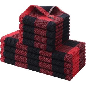 Homaxy Kitchen Towels and Dishcloths Set, 12 x 12 and 13 x 28 Inches, Set of 8 Bulk Cotton Waffle Weave Check Plaid Kitchen Towels, Super Soft and Absorbent Dish Towel, White & Red(Black & Red)