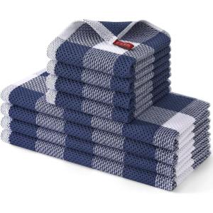 Homaxy Kitchen Towels and Dishcloths Set, 12 x 12 and 13 x 28 Inches, Set of 8 Bulk Cotton Waffle Weave Check Plaid Kitchen Towels, Super Soft and Absorbent Dish Towel, White & Red(White & Navy Blue)