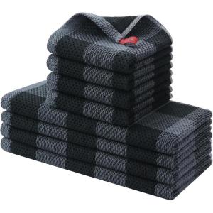 Homaxy Kitchen Towels and Dishcloths Set, 12 x 12 and 13 x 28 Inches, Set of 8 Bulk Cotton Waffle Weave Check Plaid Kitchen Towels, Super Soft and Absorbent Dish Towel, White & Red(Black & Grey)