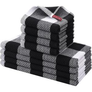 Homaxy Kitchen Towels and Dishcloths Set, 12 x 12 and 13 x 28 Inches, Set of 8 Bulk Cotton Waffle Weave Check Plaid Kitchen Towels, Super Soft and Absorbent Dish Towel, White & Red(White & Black)