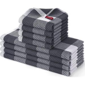 Homaxy Kitchen Towels and Dishcloths Set, 12 x 12 and 13 x 28 Inches, Set of 8 Bulk Cotton Waffle Weave Check Plaid Kitchen Towels, Super Soft and Absorbent Dish Towel, White & Red(White & Dark Grey)