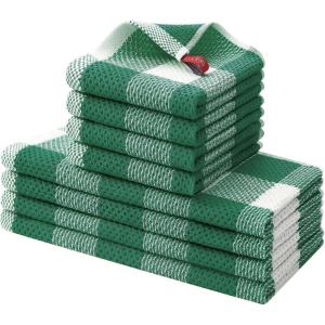 Homaxy Kitchen Towels and Dishcloths Set, 12 x 12 and 13 x 28 Inches, Set of 8 Bulk Cotton Waffle Weave Check Plaid Kitchen Towels, Super Soft and Absorbent Dish Towel, White & Red(White & Dark Green)