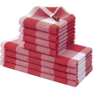 Homaxy Kitchen Towels and Dishcloths Set, 12 x 12 and 13 x 28 Inches, Set of 8 Bulk Cotton Waffle Weave Check Plaid Kitchen Towels, Super Soft and Absorbent Dish Towel, White & Red(White & Red)