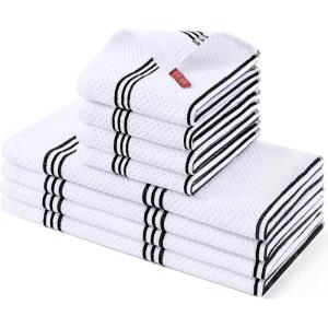 Homaxy Kitchen Towels and Dishcloths Set, 12 x 12 and 13 x 28 Inches, Set of 8 Bulk Cotton Waffle Weave Check Plaid Kitchen Towels, Super Soft and Absorbent Dish Towel, White & Red(White & Black Stripes)