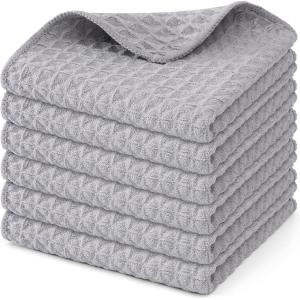 Homaxy Microfiber Waffle Weave Kitchen Dish Cloths, 12 x 12 Inch Ultra Absorbent and Solid Color Dish Towels for Kitchen Fast Drying Dishcloth for Washing Dishes, 6 Pack, Red(Grey)