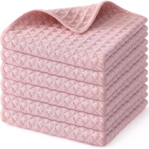 Homaxy Microfiber Waffle Weave Kitchen Dish Cloths, 12 x 12 Inch Ultra Absorbent and Solid Color Dish Towels for Kitchen Fast Drying Dishcloth for Washing Dishes, 6 Pack, Red(Pink)