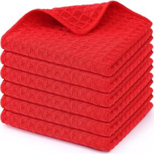 Homaxy Microfiber Waffle Weave Kitchen Dish Cloths, 12 x 12 Inch Ultra Absorbent and Solid Color Dish Towels for Kitchen Fast Drying Dishcloth for Washing Dishes, 6 Pack, Red(Red)