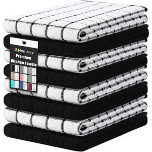 Homaxy Premium Cotton Kitchen Towels 16″x 28″, Large Natural Ring Spun 390 GSM Dish Towels, Super Absorbent Terry Kitchen Hand Towels, Soft Tea Towels with Hanging Loop, Navy Blue Check Design, 6 Pack(Black)