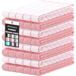 Homaxy Premium Cotton Kitchen Towels 16″x 28″, Large Natural Ring Spun 390 GSM Dish Towels, Super Absorbent Terry Kitchen Hand Towels, Soft Tea Towels with Hanging Loop, Navy Blue Check Design, 6 Pack(Pink)