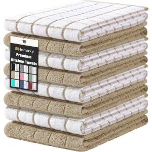 Homaxy Premium Cotton Kitchen Towels 16″x 28″, Large Natural Ring Spun 390 GSM Dish Towels, Super Absorbent Terry Kitchen Hand Towels, Soft Tea Towels with Hanging Loop, Navy Blue Check Design, 6 Pack(Tan)