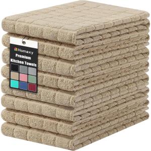 Homaxy Premium Cotton Kitchen Towels 16″x 28″, Large Natural Ring Spun 390 GSM Dish Towels, Super Absorbent Terry Kitchen Hand Towels, Soft Tea Towels with Hanging Loop, Navy Blue Check Design, 6 Pack(Pure Tan)