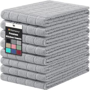 Homaxy Premium Cotton Kitchen Towels 16″x 28″, Large Natural Ring Spun 390 GSM Dish Towels, Super Absorbent Terry Kitchen Hand Towels, Soft Tea Towels with Hanging Loop, Navy Blue Check Design, 6 Pack(Pure Light Grey)