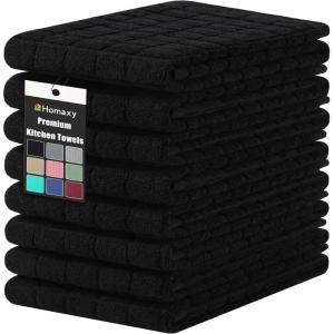 Homaxy Premium Cotton Kitchen Towels 16″x 28″, Large Natural Ring Spun 390 GSM Dish Towels, Super Absorbent Terry Kitchen Hand Towels, Soft Tea Towels with Hanging Loop, Navy Blue Check Design, 6 Pack(Pure Black)