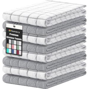 Homaxy Premium Cotton Kitchen Towels 16″x 28″, Large Natural Ring Spun 390 GSM Dish Towels, Super Absorbent Terry Kitchen Hand Towels, Soft Tea Towels with Hanging Loop, Navy Blue Check Design, 6 Pack(Light Grey)