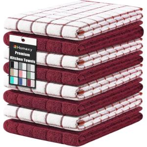 Homaxy Premium Cotton Kitchen Towels 16″x 28″, Large Natural Ring Spun 390 GSM Dish Towels, Super Absorbent Terry Kitchen Hand Towels, Soft Tea Towels with Hanging Loop, Navy Blue Check Design, 6 Pack(Red)