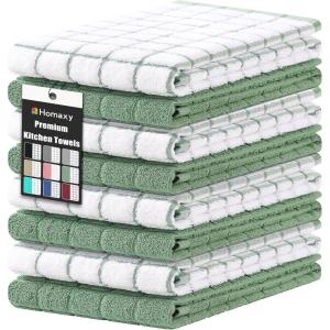 Homaxy Premium Cotton Kitchen Towels 16″x 28″, Large Natural Ring Spun 390 GSM Dish Towels, Super Absorbent Terry Kitchen Hand Towels, Soft Tea Towels with Hanging Loop, Navy Blue Check Design, 6 Pack(Grass Green)