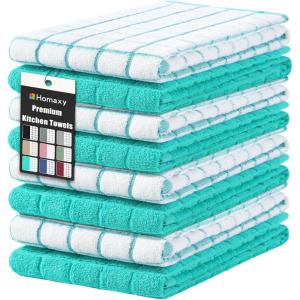 Homaxy Premium Cotton Kitchen Towels 16″x 28″, Large Natural Ring Spun 390 GSM Dish Towels, Super Absorbent Terry Kitchen Hand Towels, Soft Tea Towels with Hanging Loop, Navy Blue Check Design, 6 Pack(Aqua)