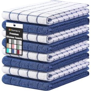 Homaxy Premium Cotton Kitchen Towels 16″x 28″, Large Natural Ring Spun 390 GSM Dish Towels, Super Absorbent Terry Kitchen Hand Towels, Soft Tea Towels with Hanging Loop, Navy Blue Check Design, 6 Pack(Navy Blue)