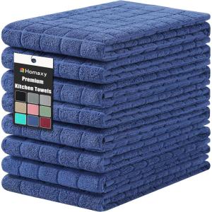 Homaxy Premium Cotton Kitchen Towels 16″x 28″, Large Natural Ring Spun 390 GSM Dish Towels, Super Absorbent Terry Kitchen Hand Towels, Soft Tea Towels with Hanging Loop, Navy Blue Check Design, 6 Pack(Pure Navy Blue)