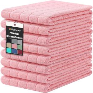 Homaxy Premium Cotton Kitchen Towels 16″x 28″, Large Natural Ring Spun 390 GSM Dish Towels, Super Absorbent Terry Kitchen Hand Towels, Soft Tea Towels with Hanging Loop, Navy Blue Check Design, 6 Pack(Pure Pink)